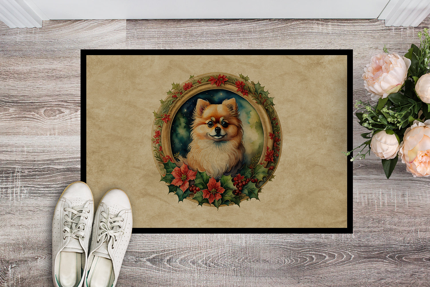 Pomeranian Christmas Flowers Doormat