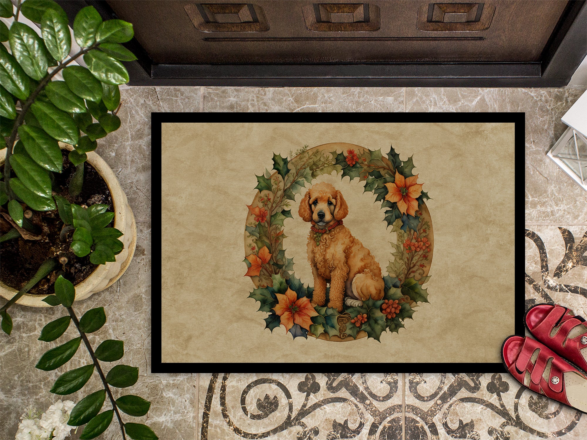 Poodle Christmas Flowers Doormat