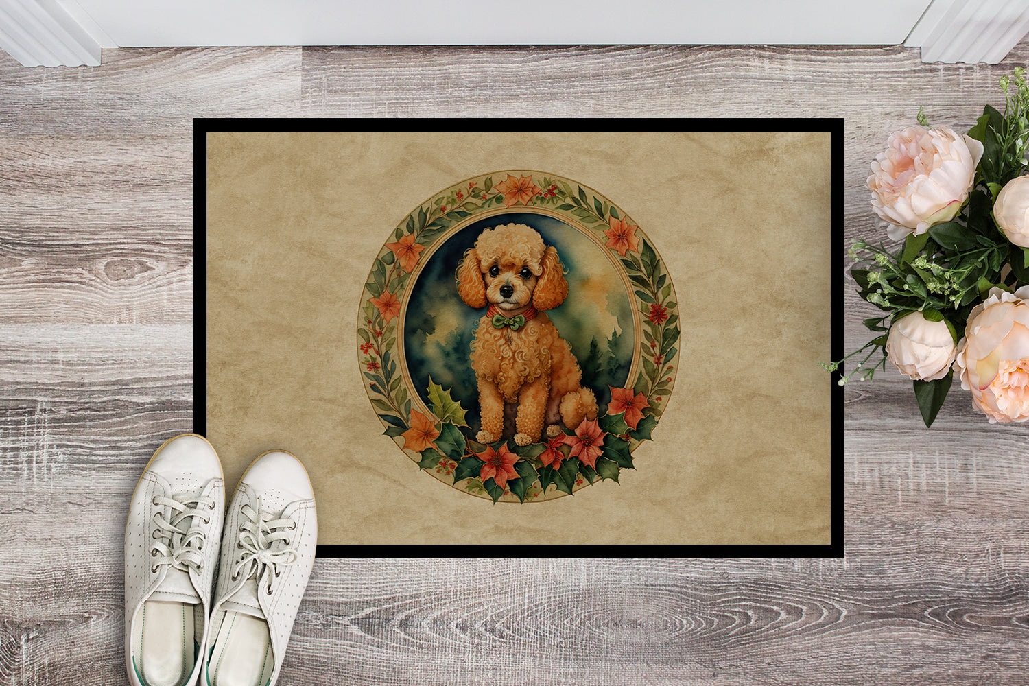 Poodle Christmas Flowers Doormat