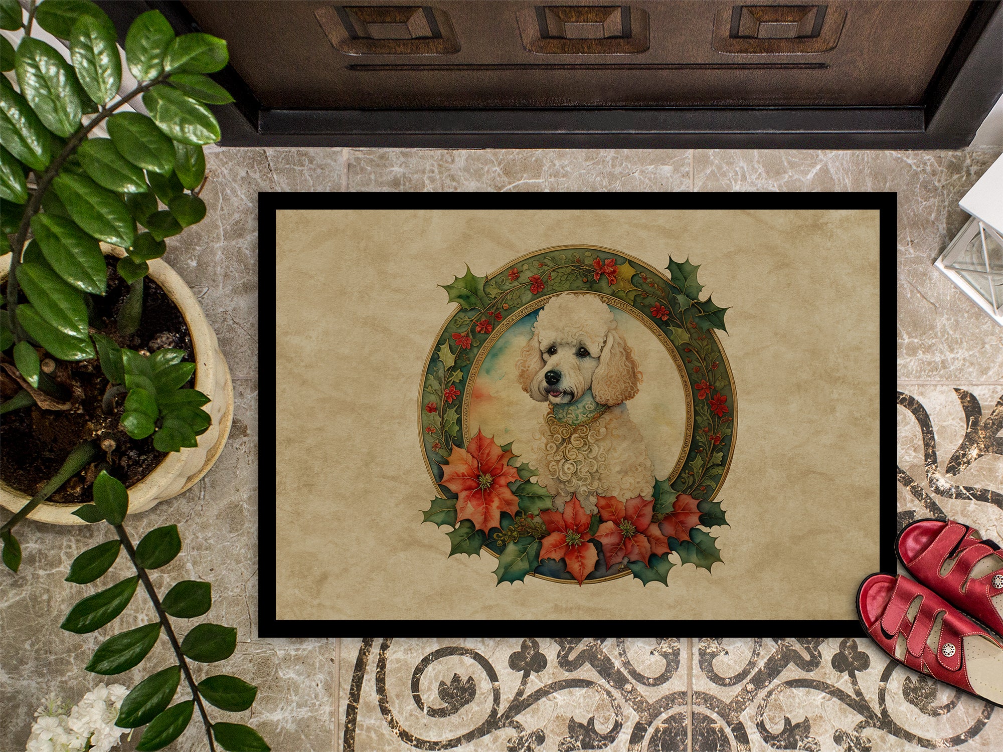 Poodle Christmas Flowers Doormat