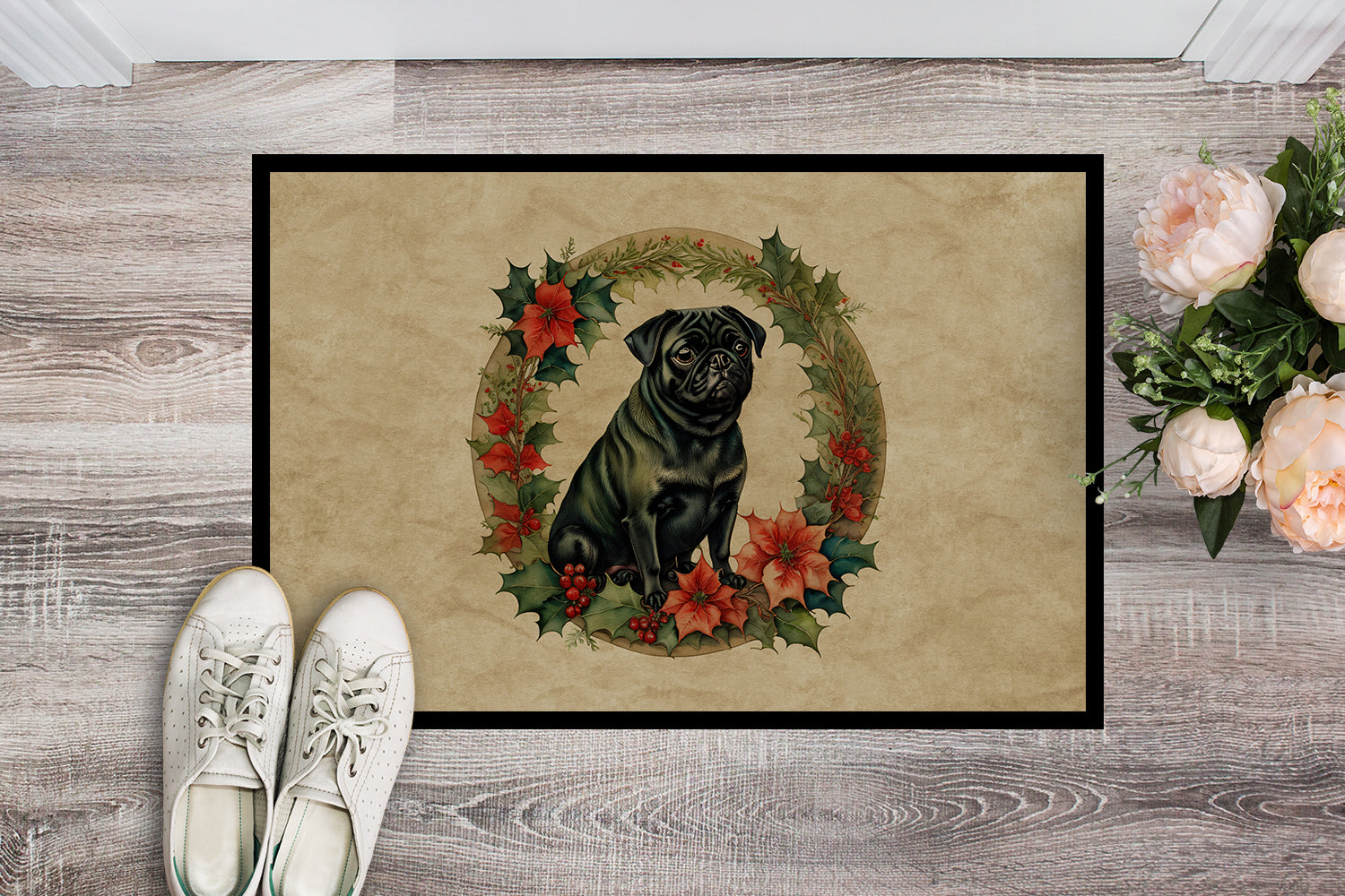 Buy this Pug Christmas Flowers Doormat