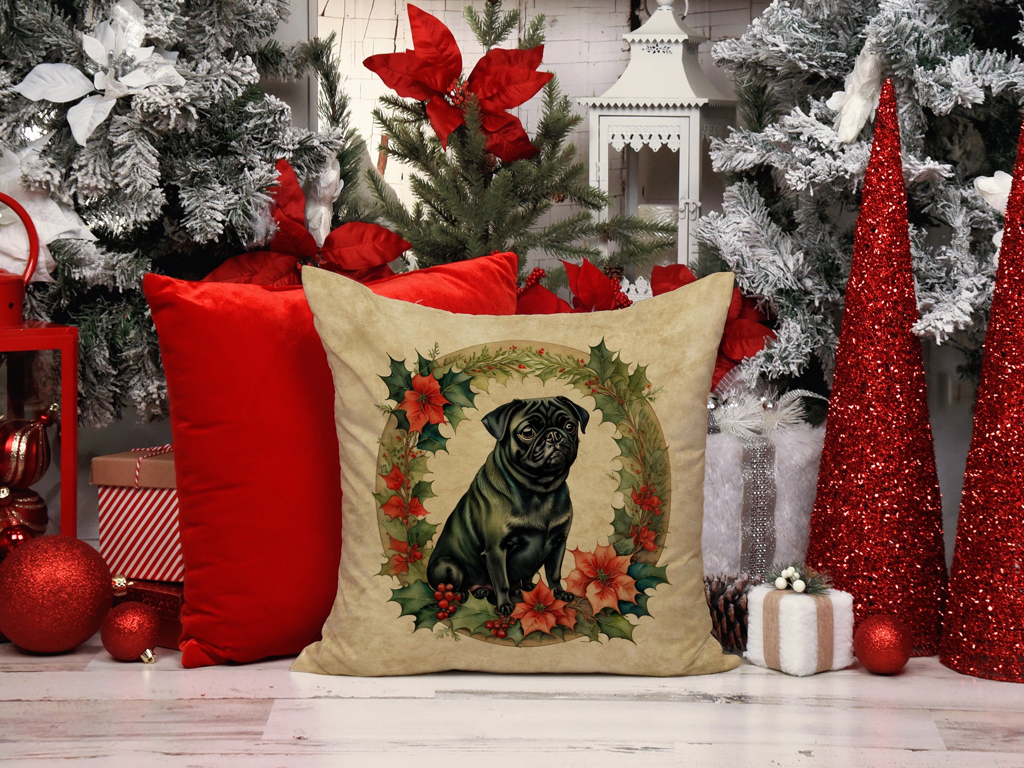 Buy this Pug Christmas Flowers Throw Pillow