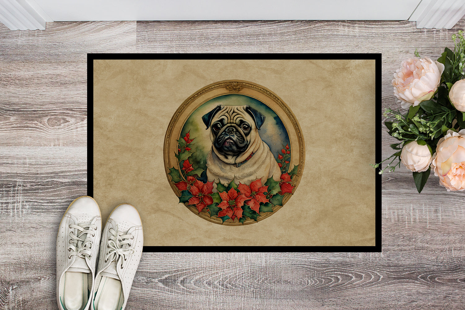 Buy this Pug Christmas Flowers Doormat