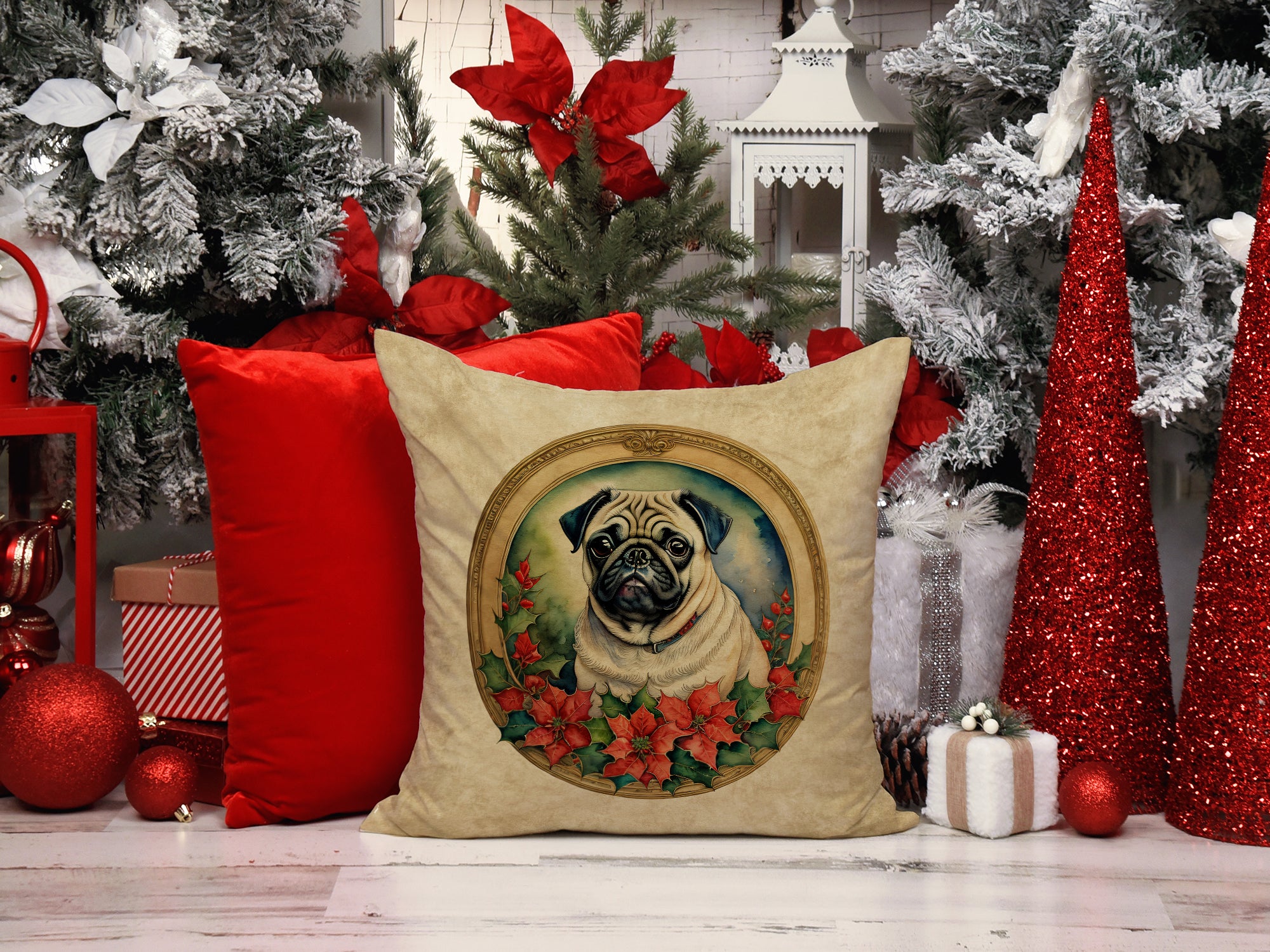 Buy this Pug Christmas Flowers Throw Pillow