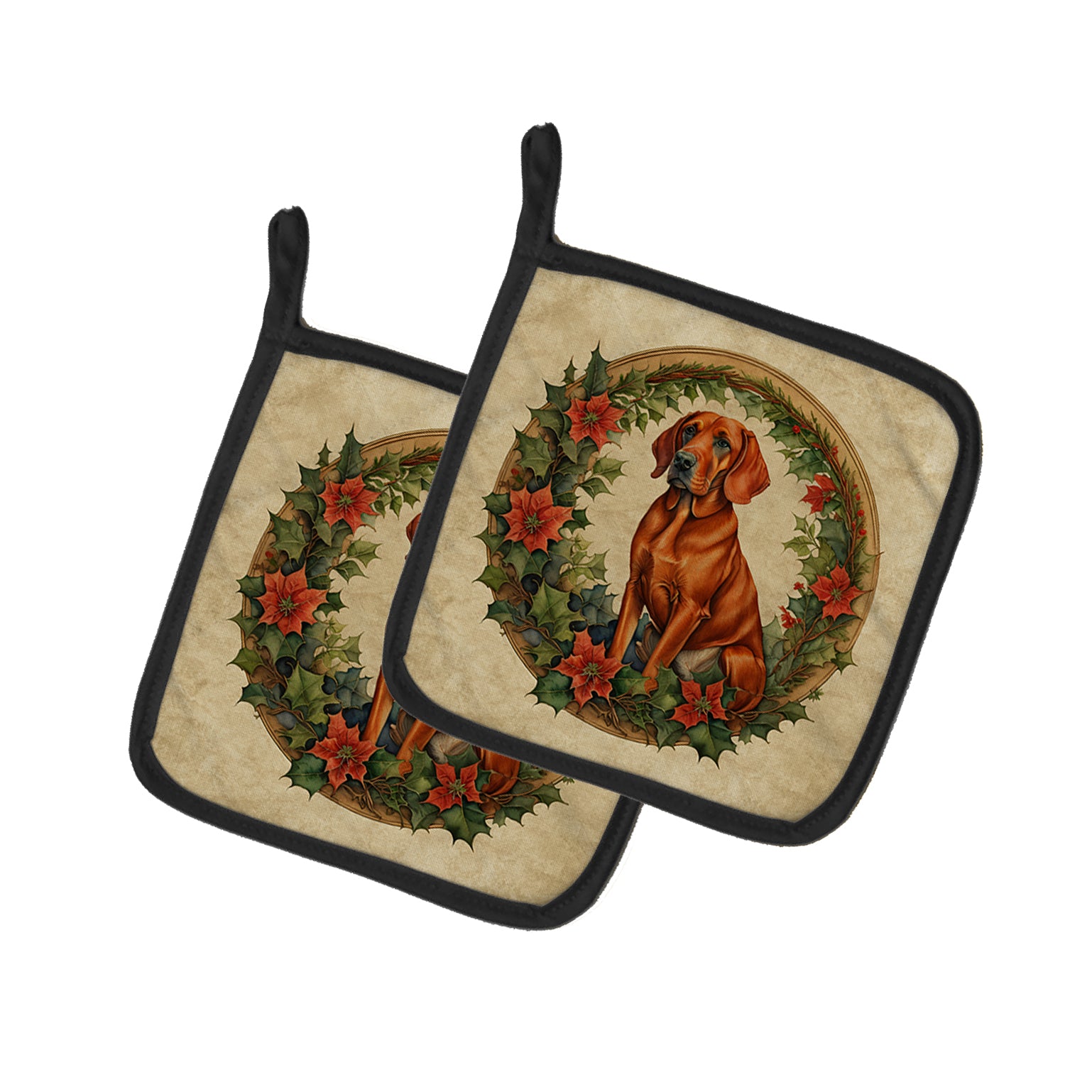 Buy this Red Redbone Coonhound Christmas Flowers Pair of Pot Holders