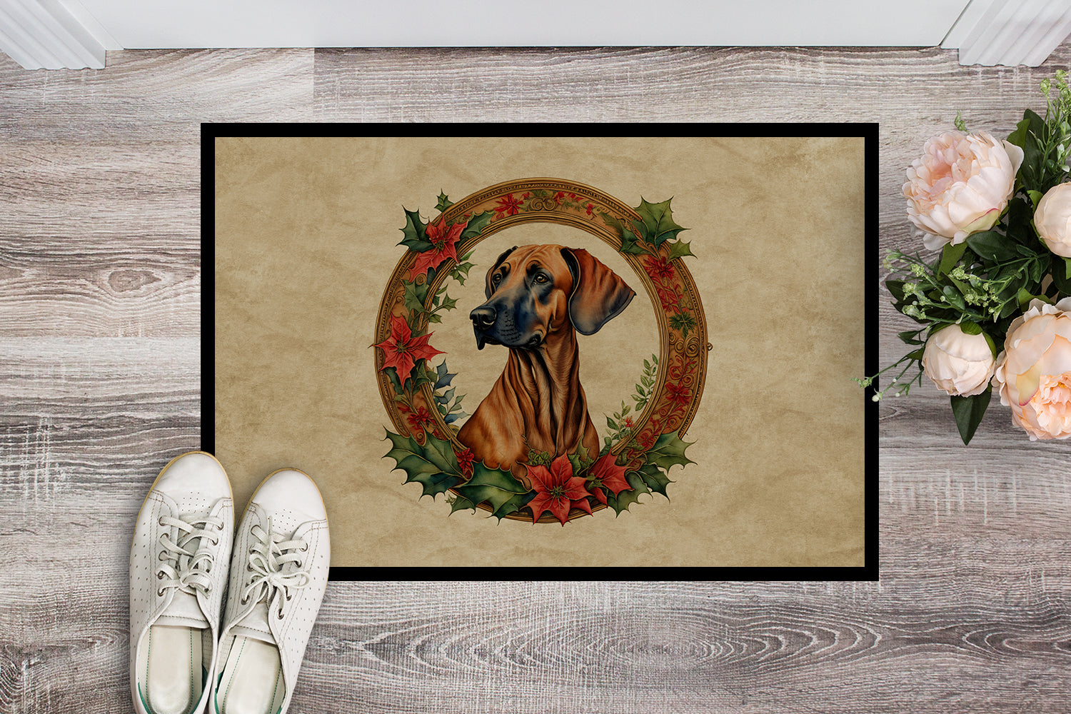 Buy this Rhodesian Ridgeback Christmas Flowers Doormat