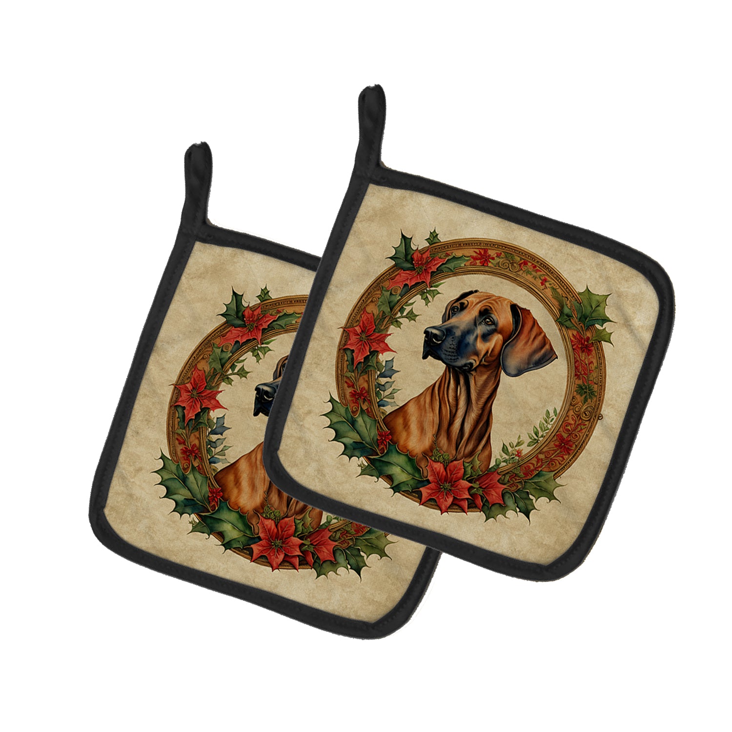 Buy this Rhodesian Ridgeback Christmas Flowers Pair of Pot Holders