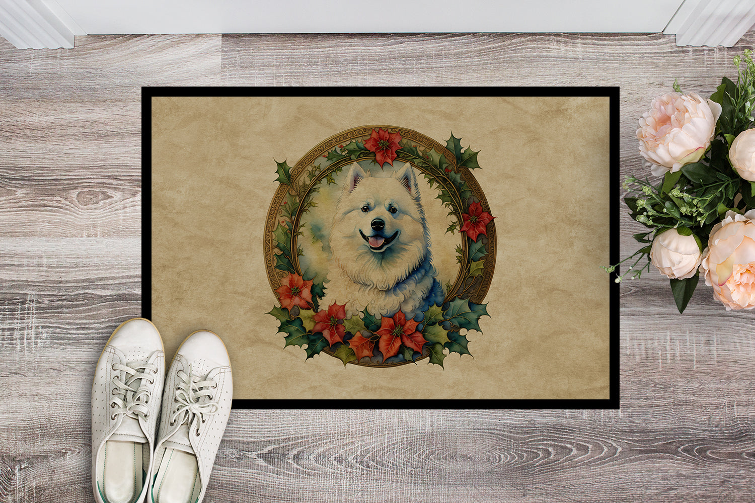 Samoyed Christmas Flowers Doormat