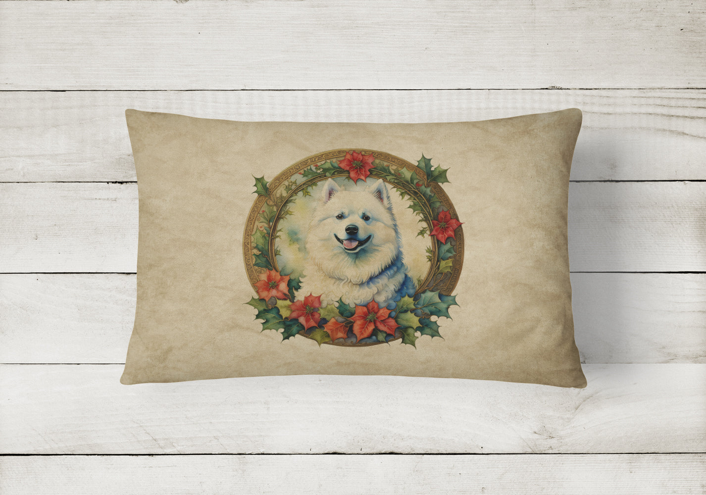 Samoyed Christmas Flowers Throw Pillow