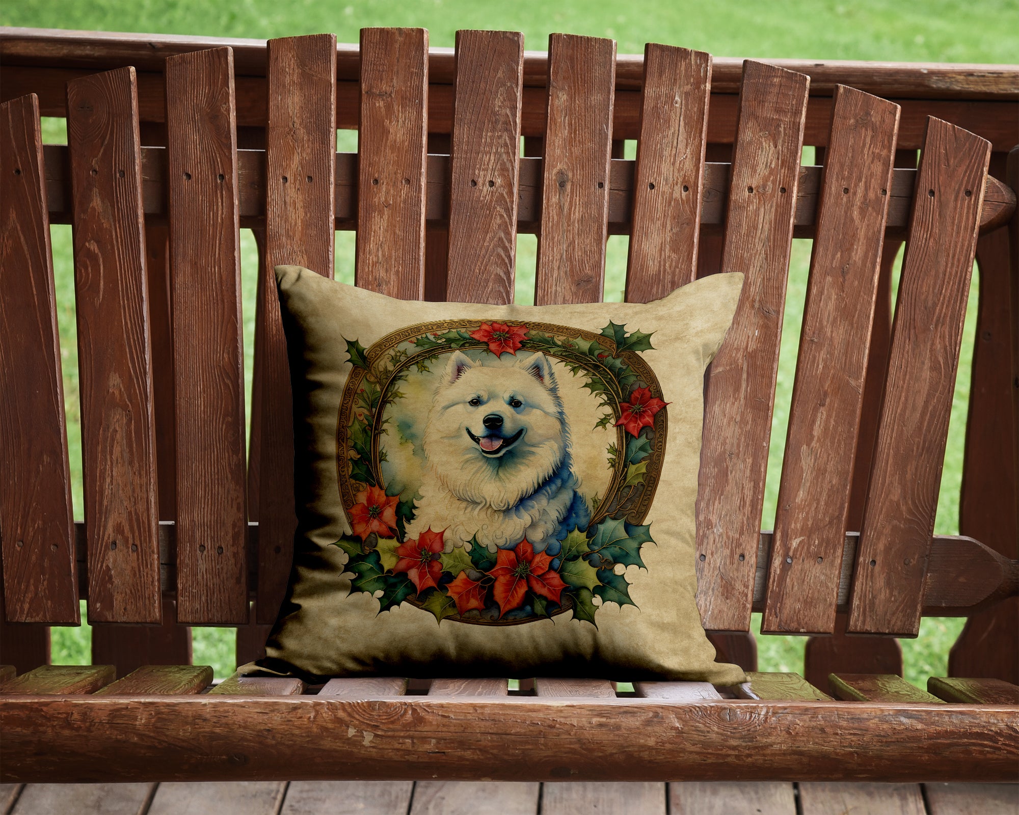 Samoyed Christmas Flowers Throw Pillow