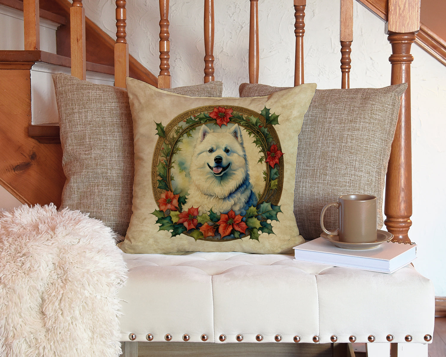 Samoyed Christmas Flowers Throw Pillow