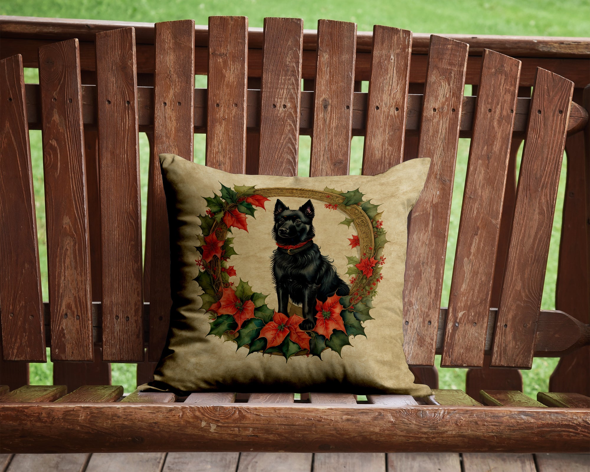 Schipperke Christmas Flowers Throw Pillow