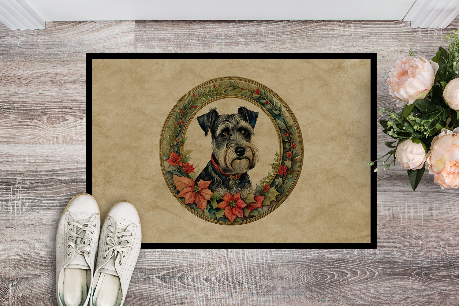 Buy this Schnauzer Christmas Flowers Doormat