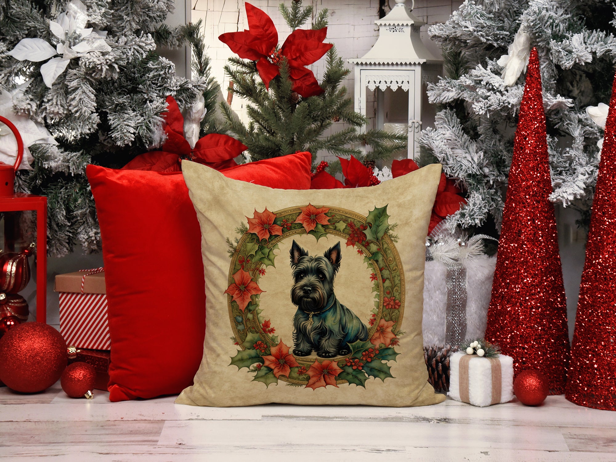 Buy this Scottish Terrier Christmas Flowers Throw Pillow