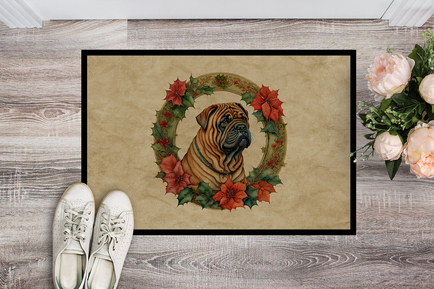 Shar Pei Christmas Flowers Doormat