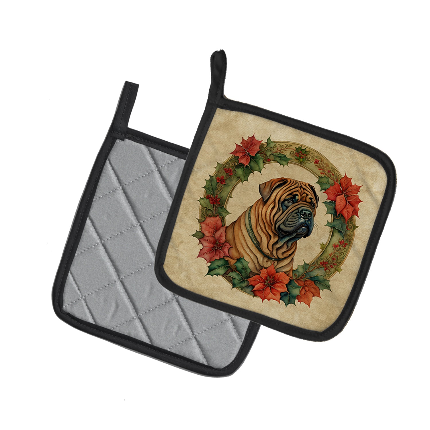 Buy this Shar Pei Christmas Flowers Pair of Pot Holders