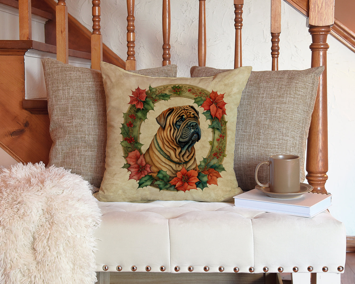 Shar Pei Christmas Flowers Throw Pillow