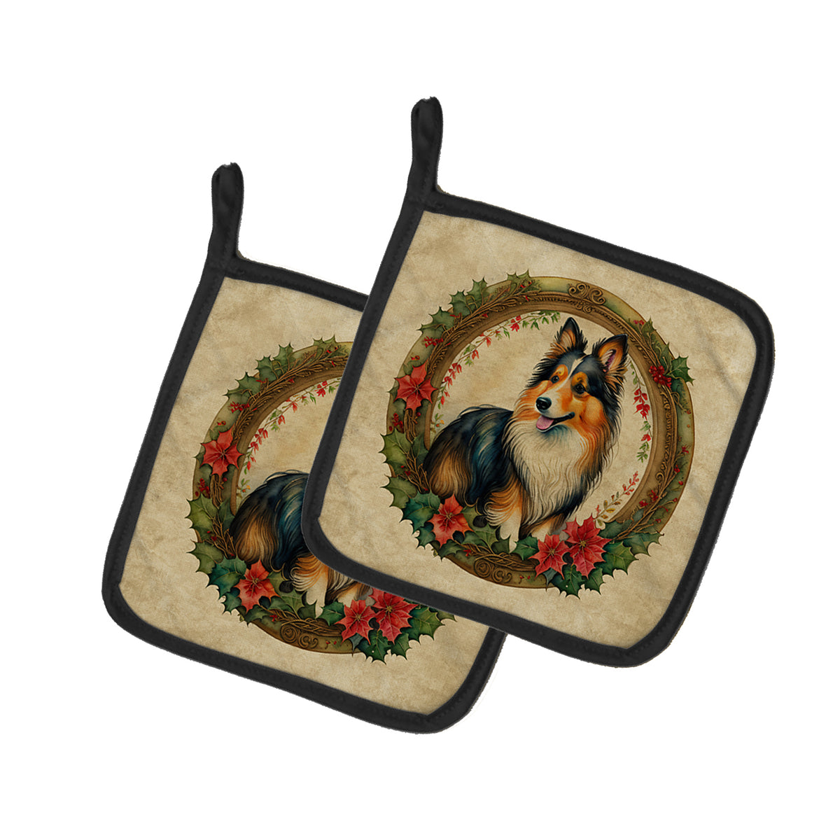 Buy this Sheltie Christmas Flowers Pair of Pot Holders