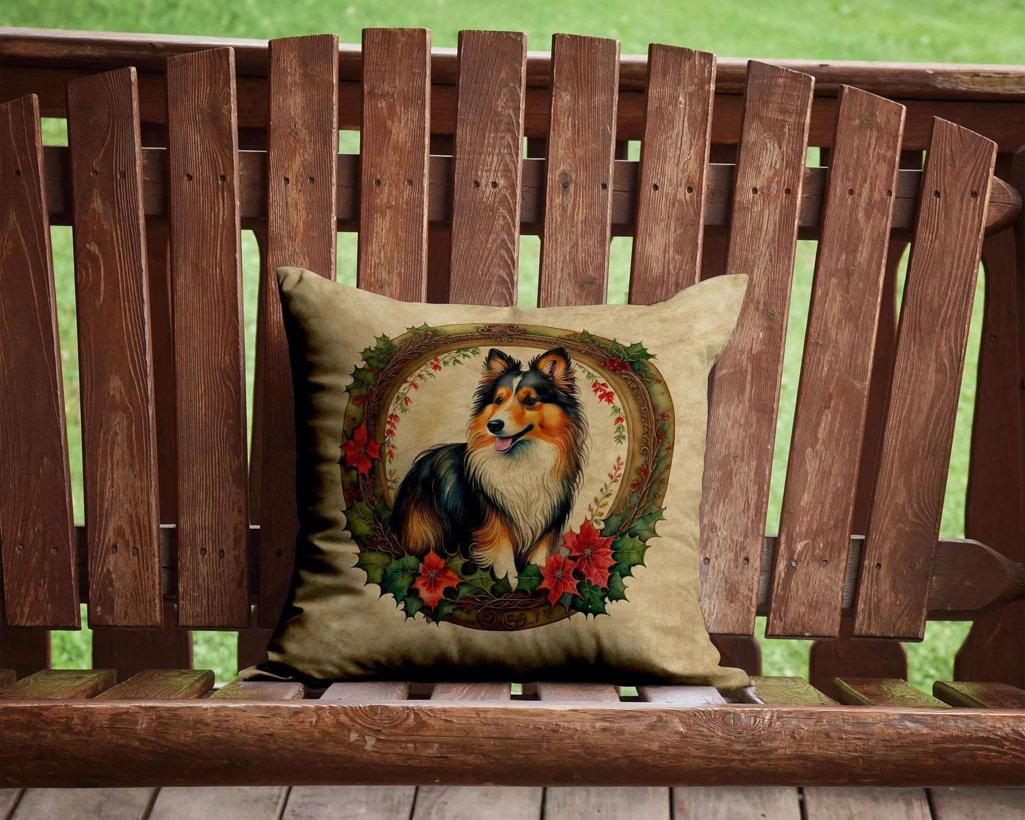 Sheltie Christmas Flowers Throw Pillow