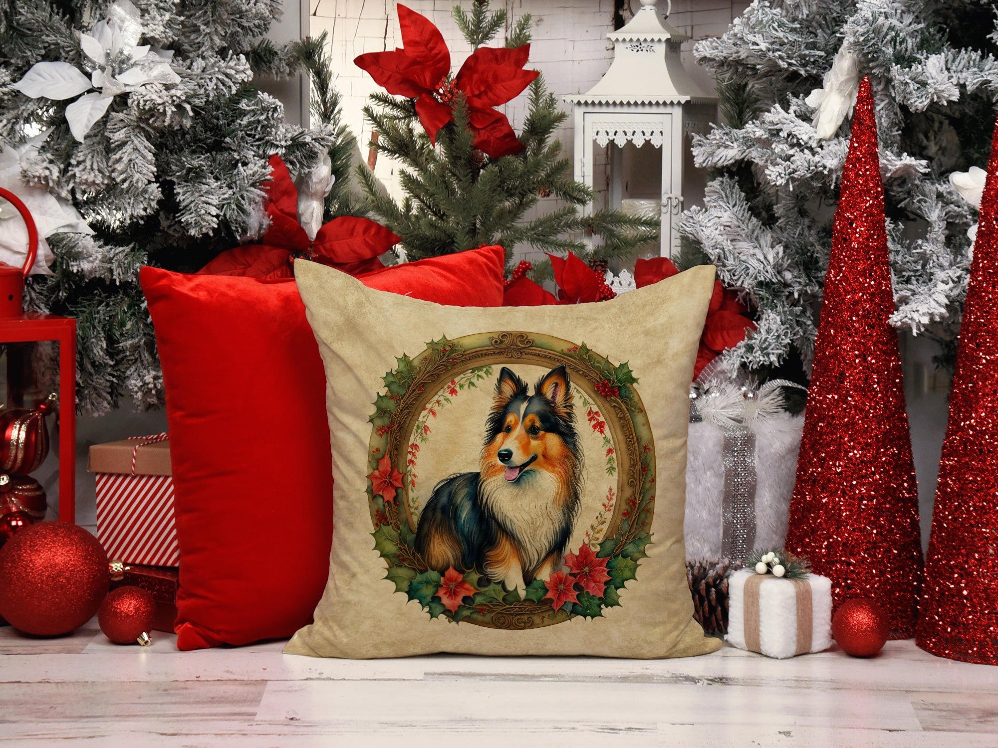 Sheltie Christmas Flowers Throw Pillow