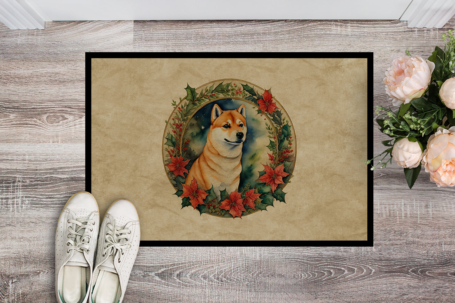 Buy this Shiba Inu Christmas Flowers Doormat