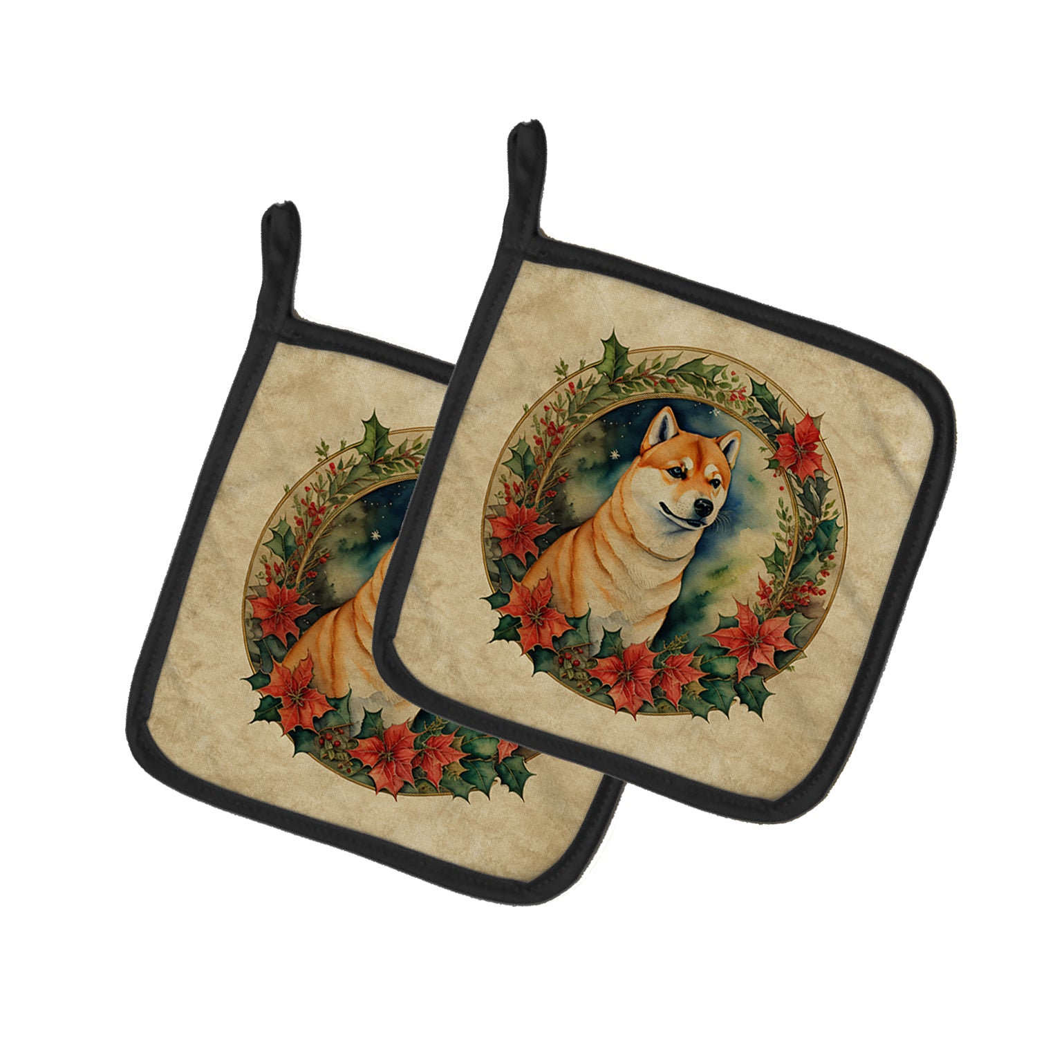 Buy this Shiba Inu Christmas Flowers Pair of Pot Holders