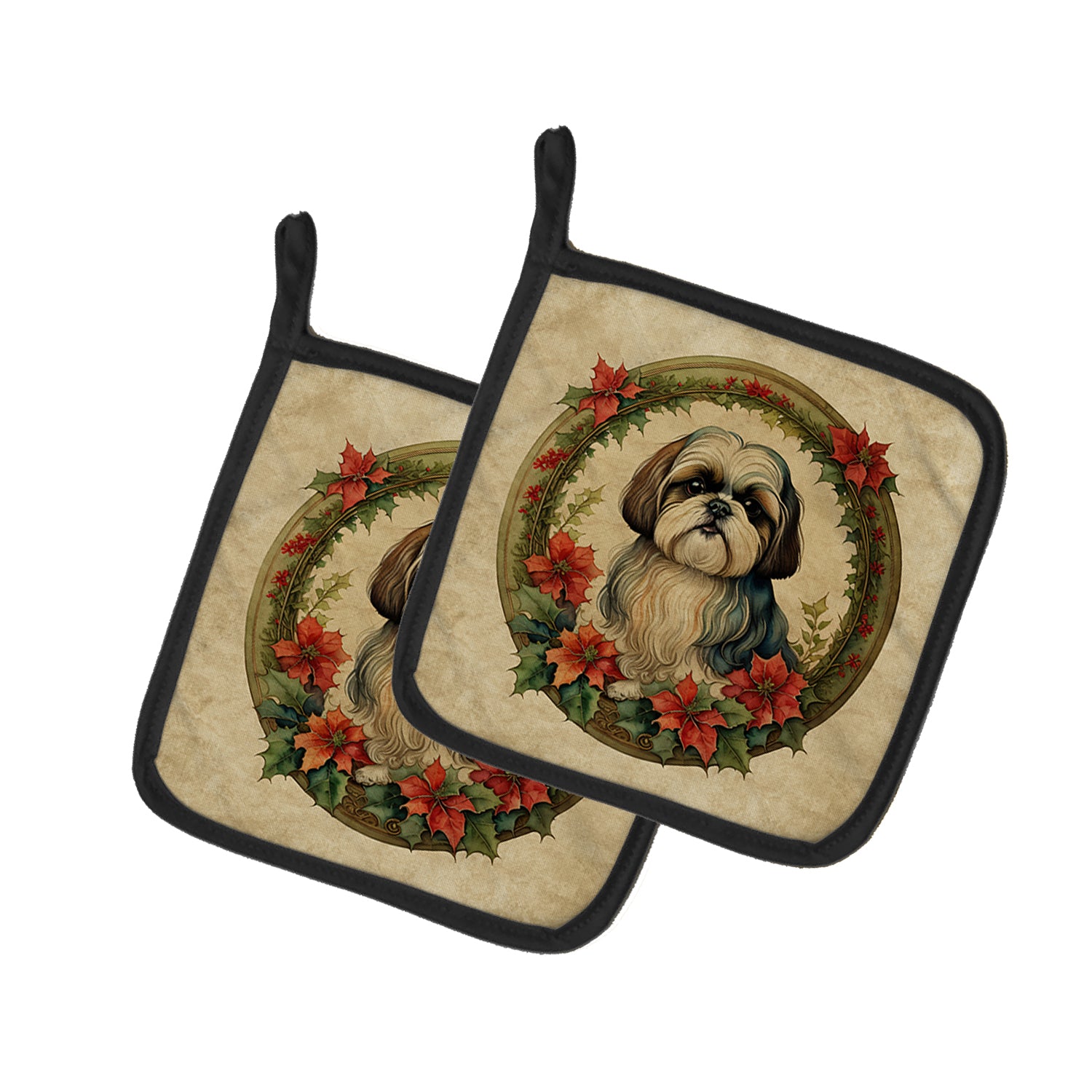 Buy this Shih Tzu Christmas Flowers Pair of Pot Holders