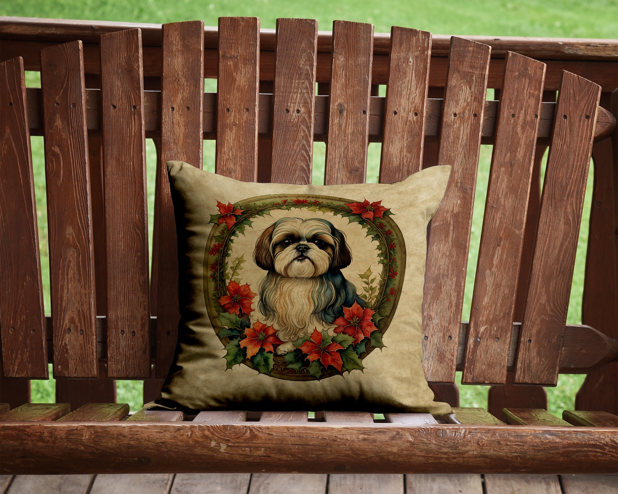 Buy this Shih Tzu Christmas Flowers Throw Pillow