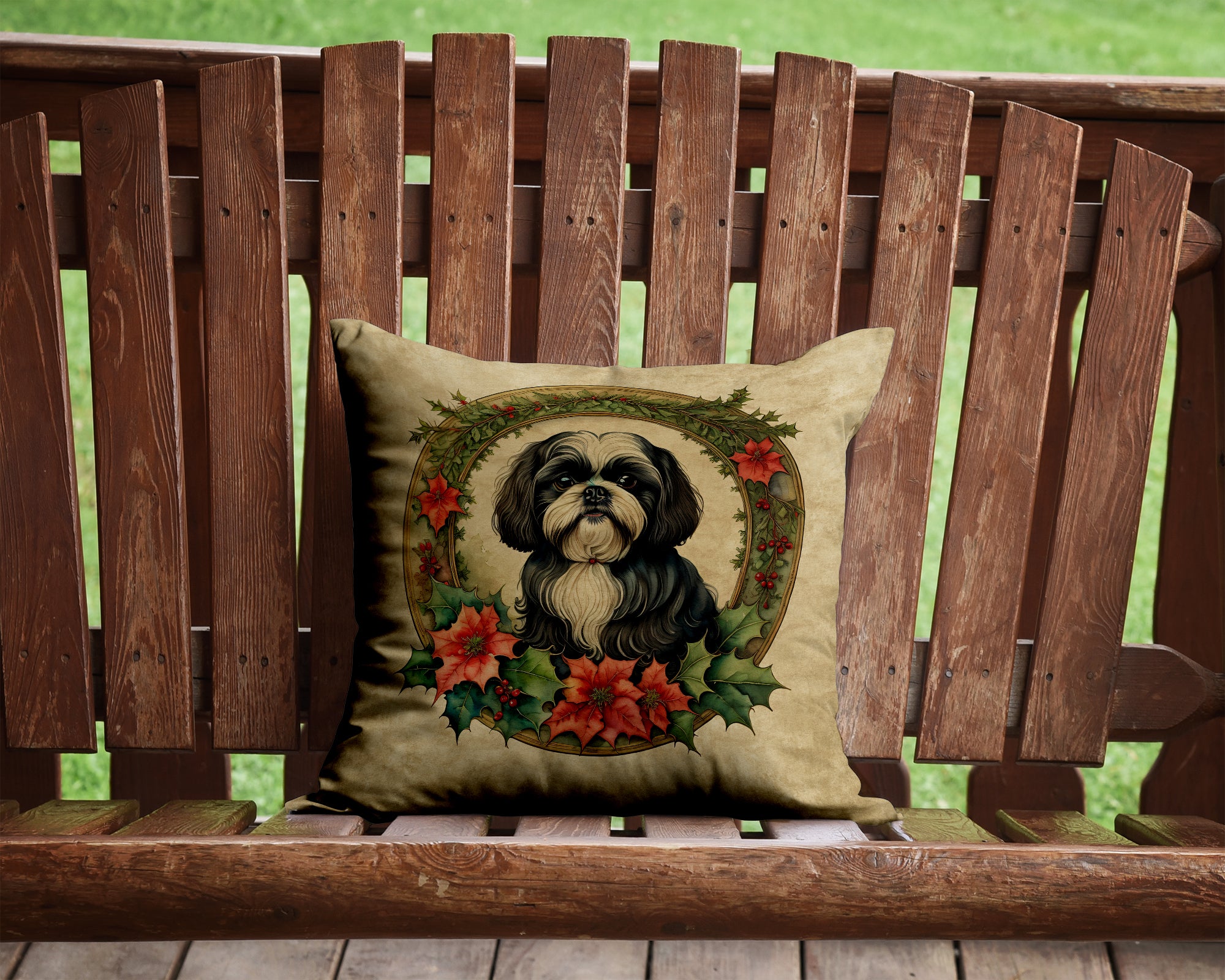 Buy this Shih Tzu Christmas Flowers Throw Pillow