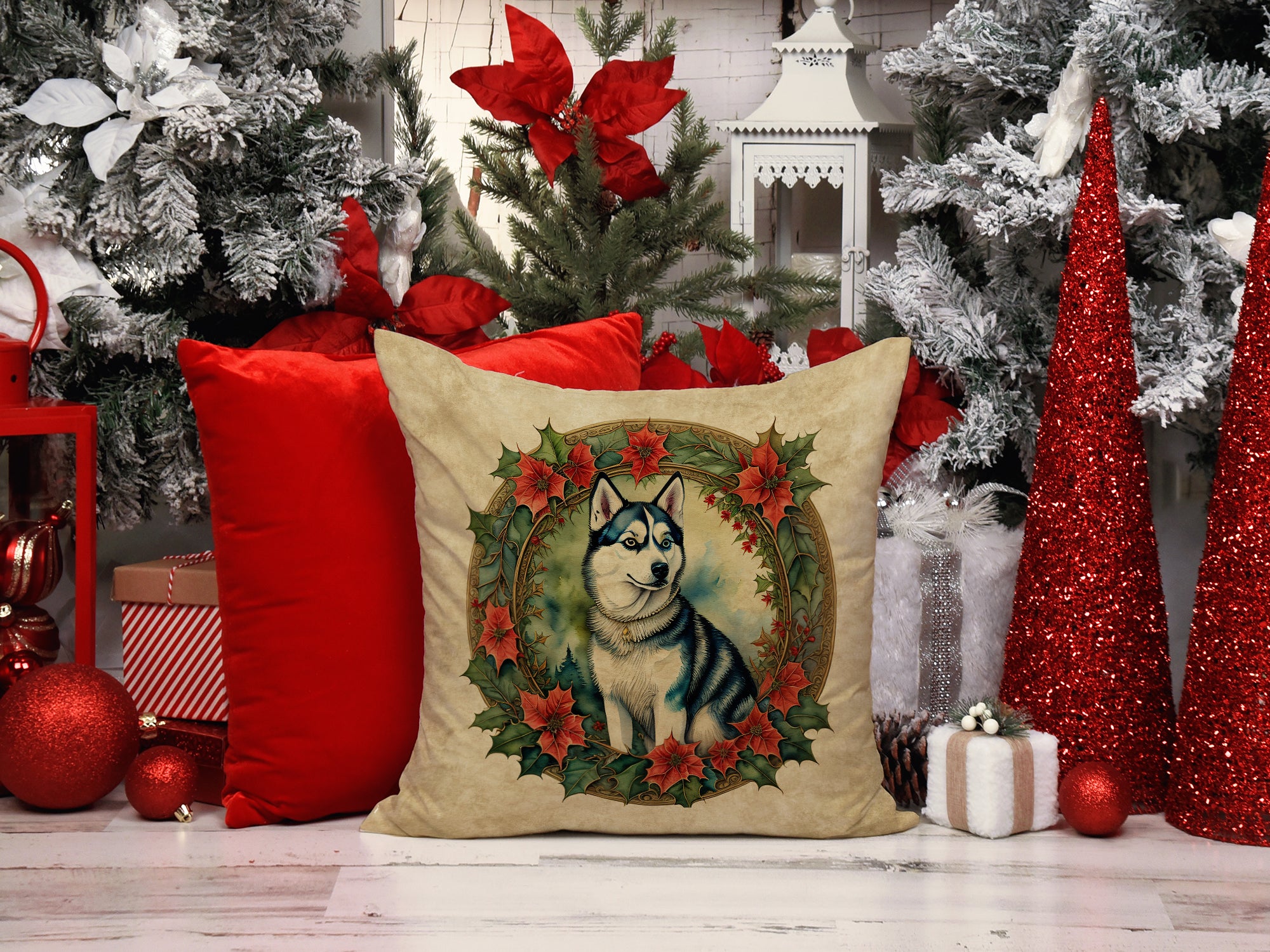 Buy this Siberian Husky Christmas Flowers Throw Pillow