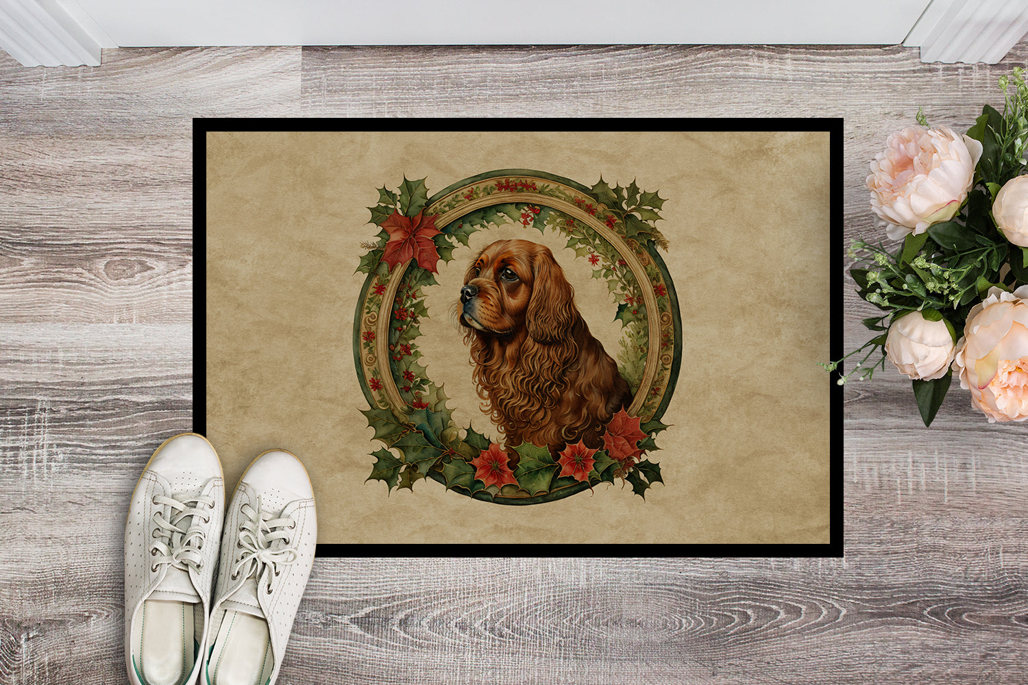 Buy this Sussex Spaniel Christmas Flowers Doormat