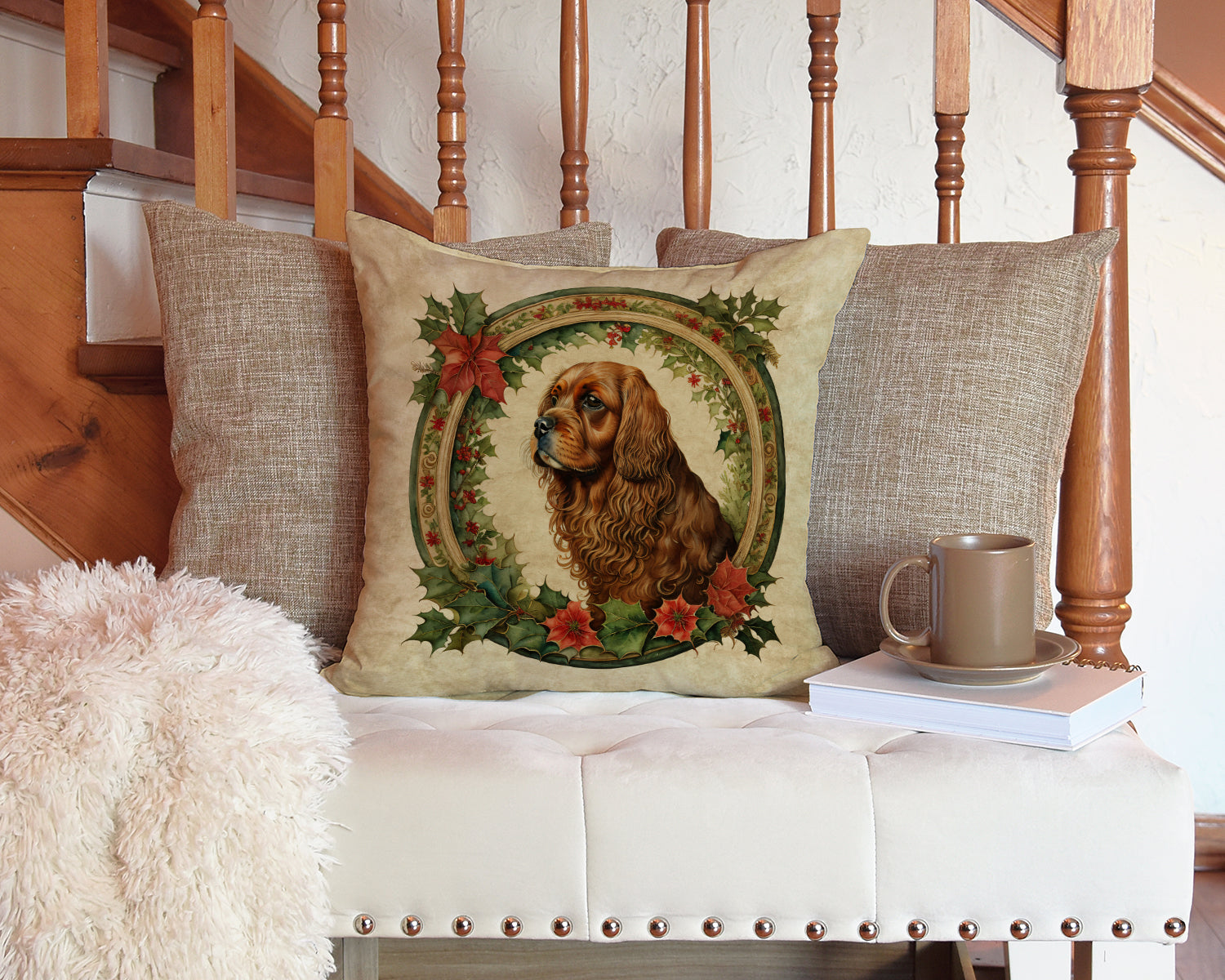 Sussex Spaniel Christmas Flowers Throw Pillow