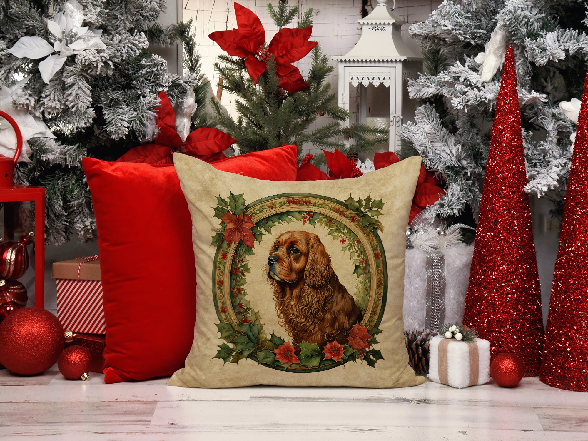 Buy this Sussex Spaniel Christmas Flowers Throw Pillow