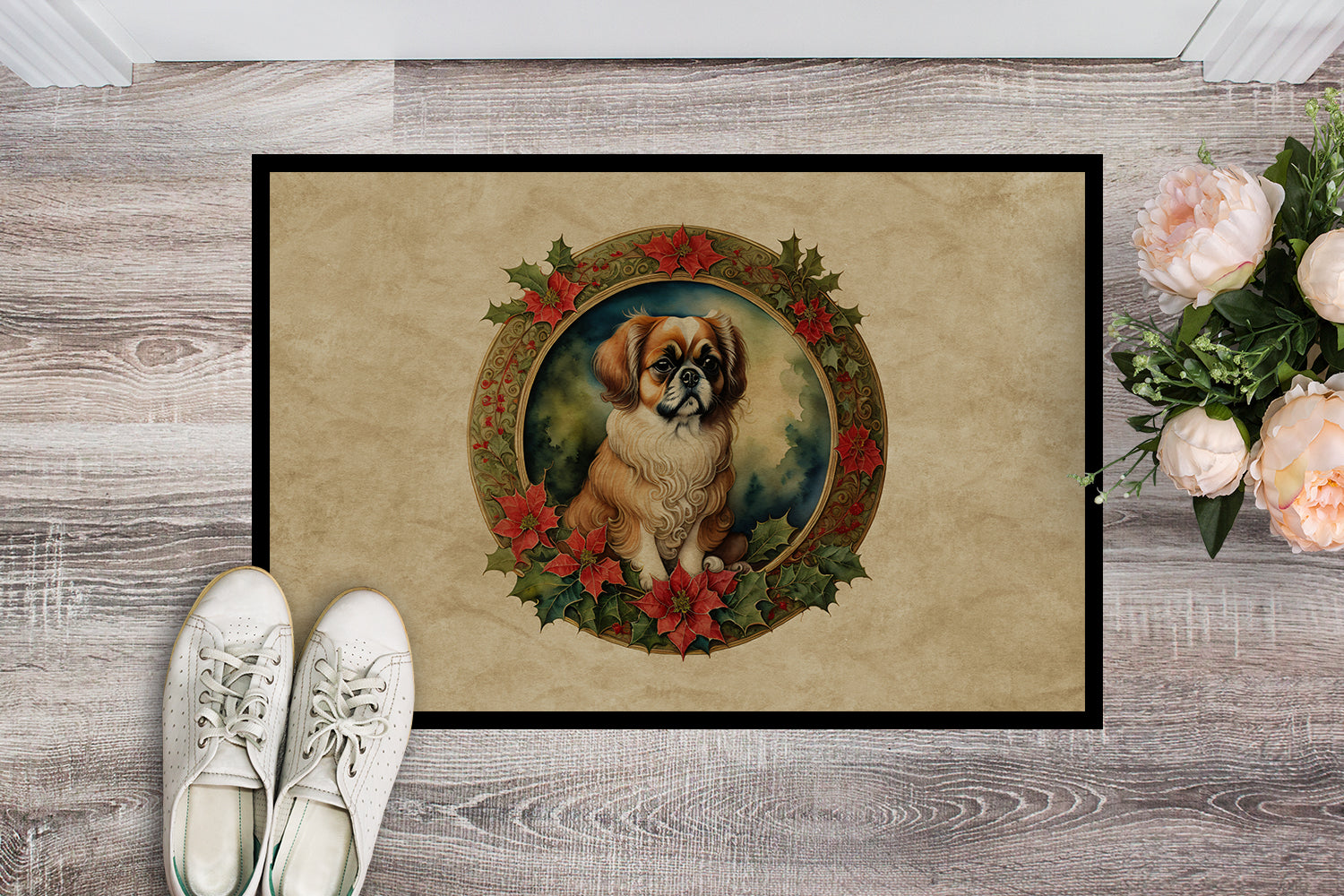 Buy this Tibetan Spaniel Christmas Flowers Doormat