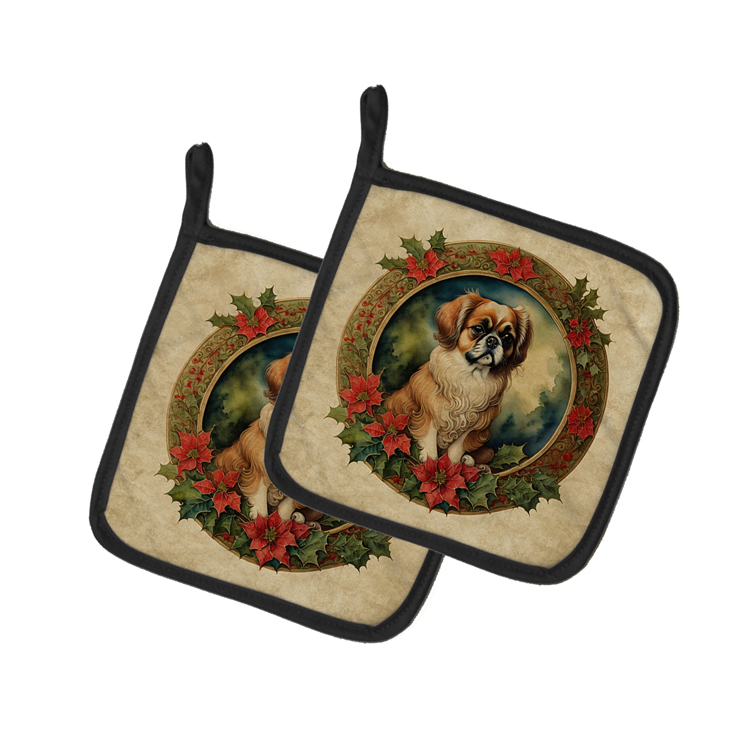 Buy this Tibetan Spaniel Christmas Flowers Pair of Pot Holders