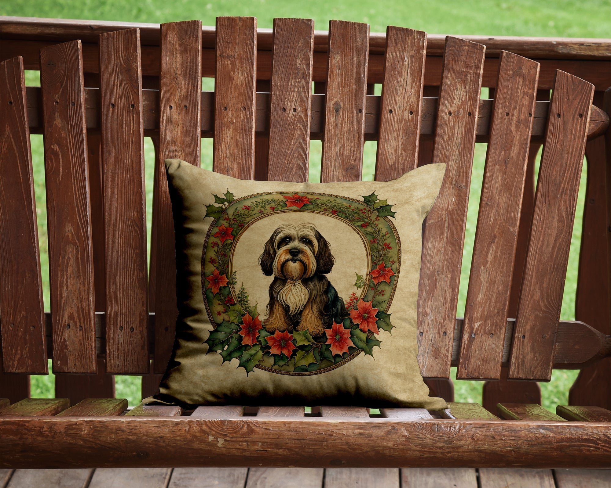 Tibetan Terrier Christmas Flowers Throw Pillow