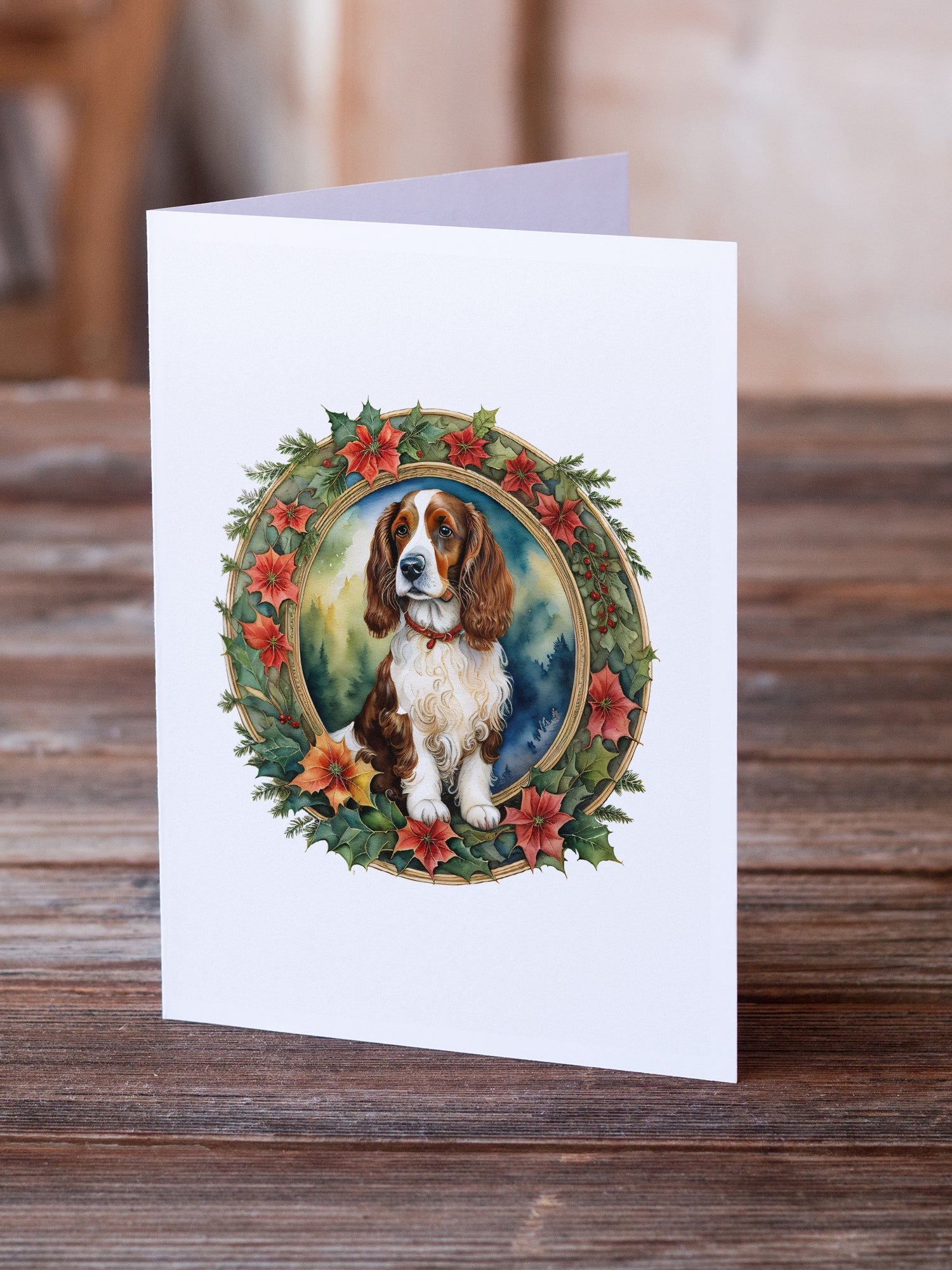 Welsh Springer Spaniel Christmas Flowers Greeting Cards Pack of 8