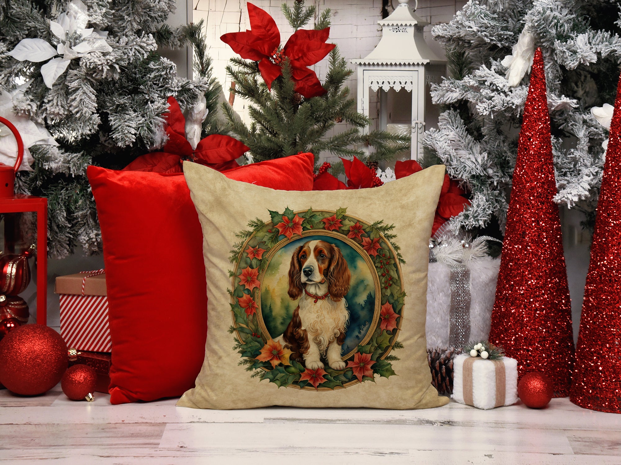 Welsh Springer Spaniel Christmas Flowers Throw Pillow