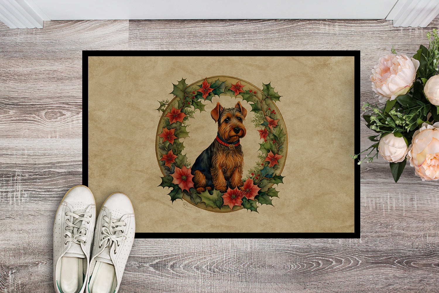 Welsh Terrier Christmas Flowers Doormat