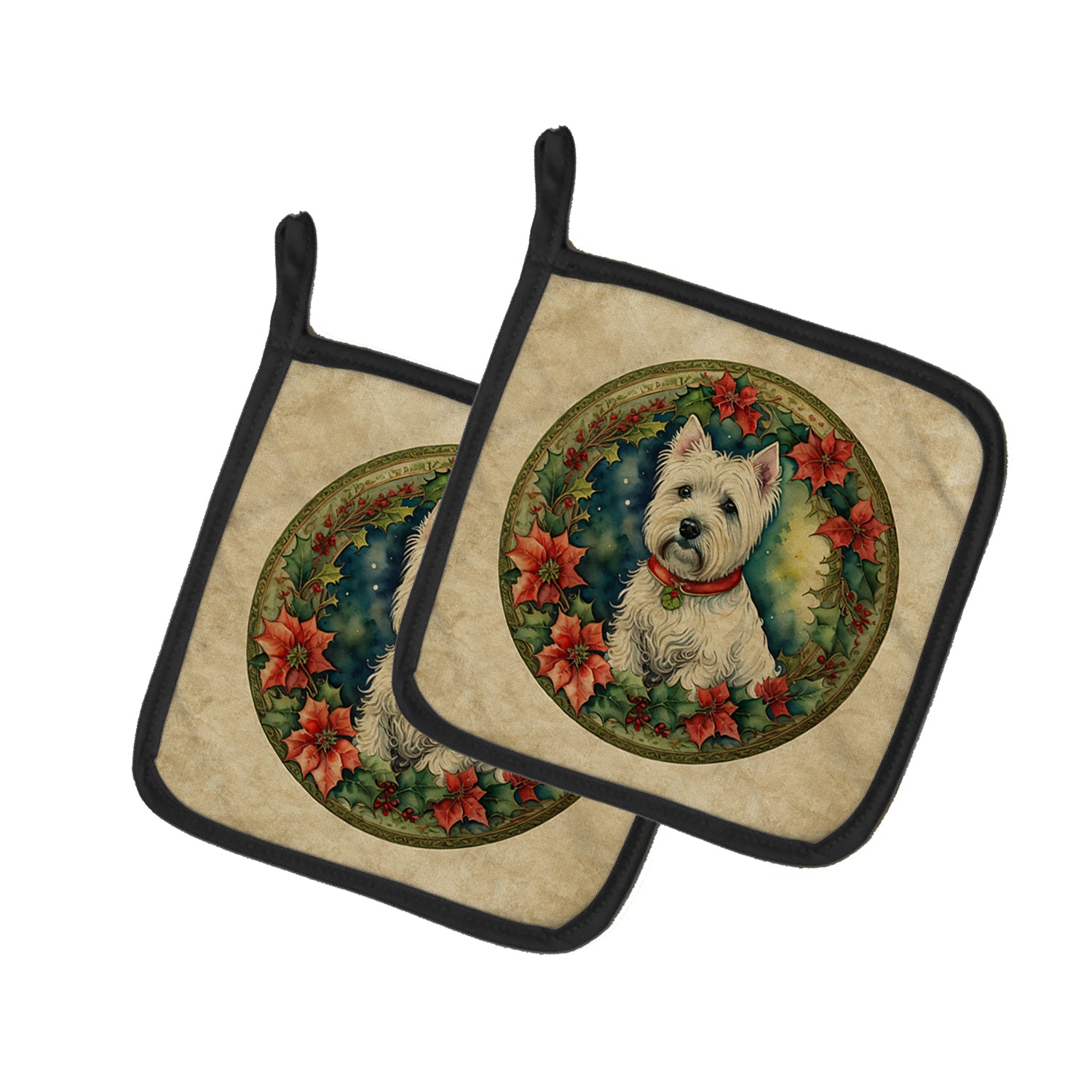 Buy this Westie Christmas Flowers Pair of Pot Holders