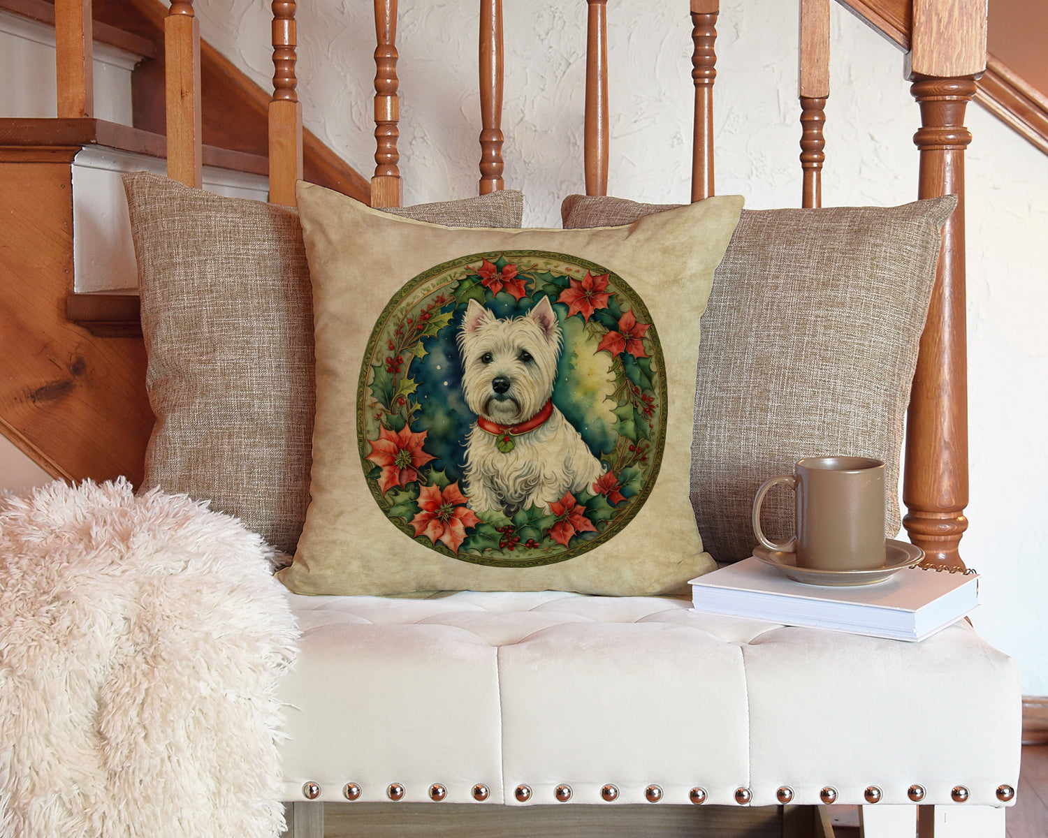 Westie Christmas Flowers Throw Pillow