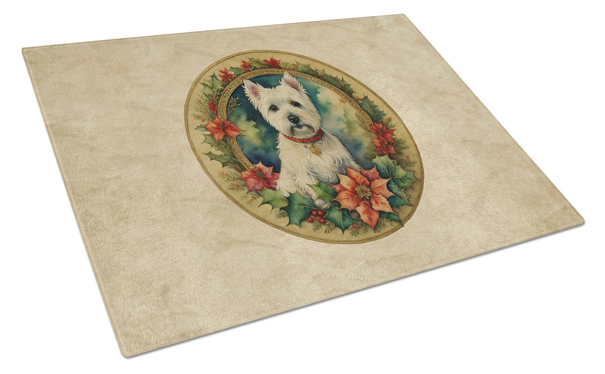 Buy this Westie Christmas Flowers Glass Cutting Board