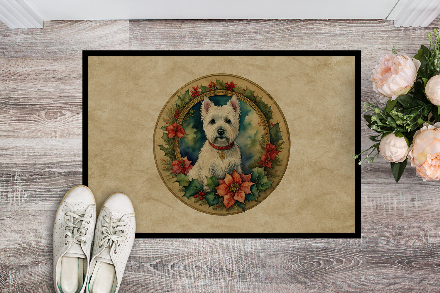 Buy this Westie Christmas Flowers Doormat