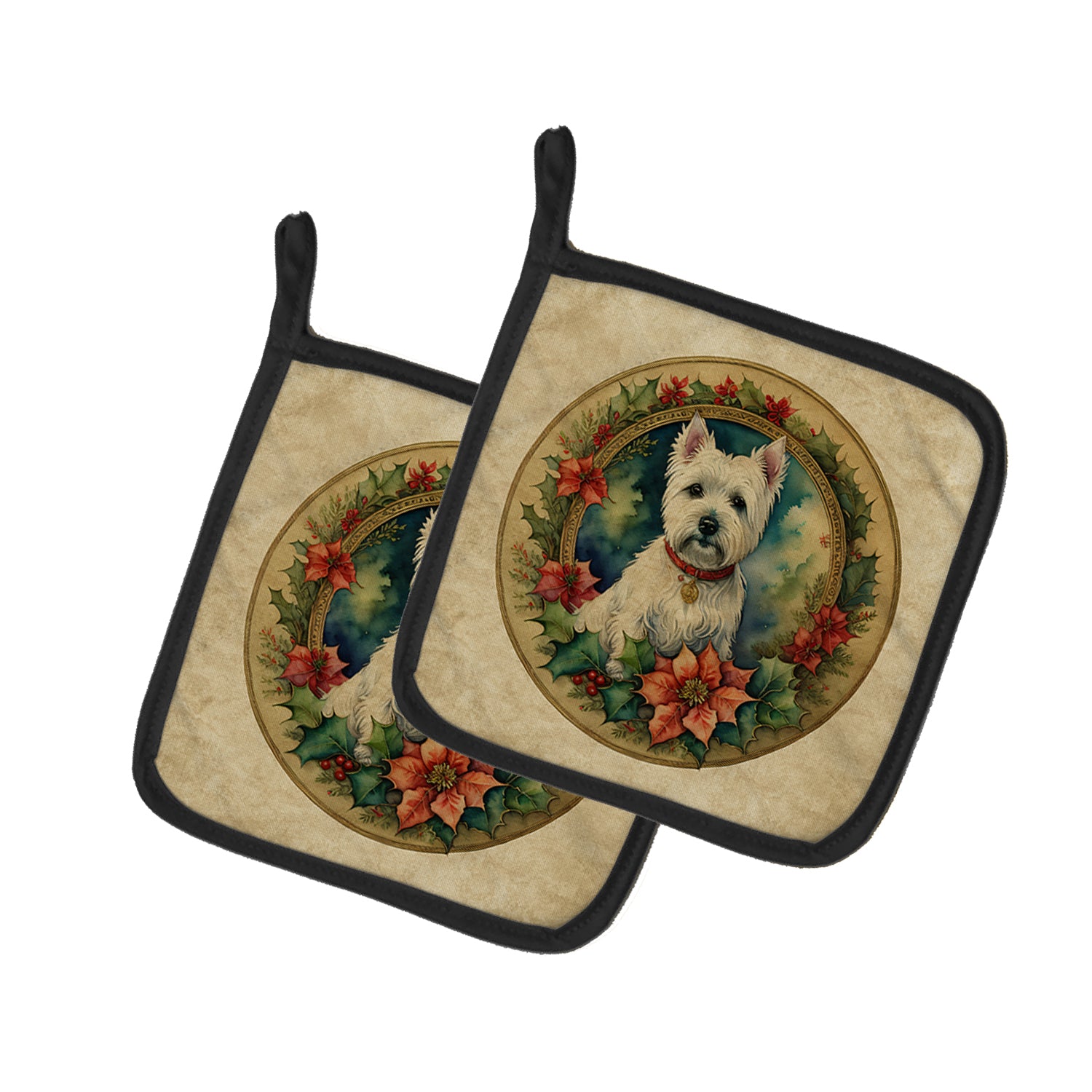 Buy this Westie Christmas Flowers Pair of Pot Holders