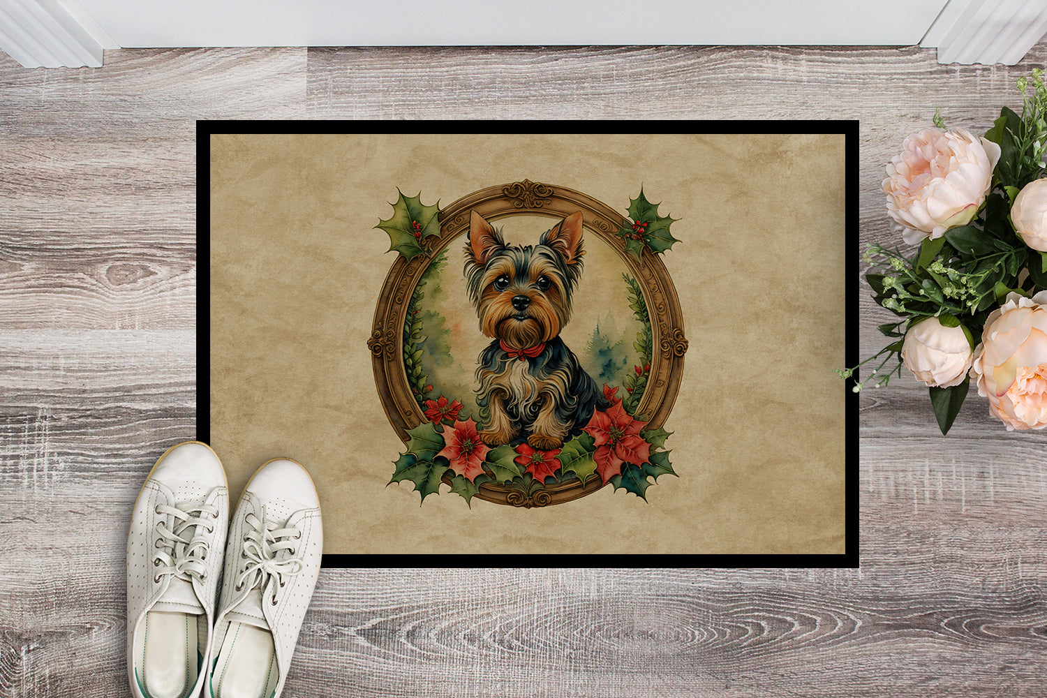 Buy this Yorkie Christmas Flowers Doormat