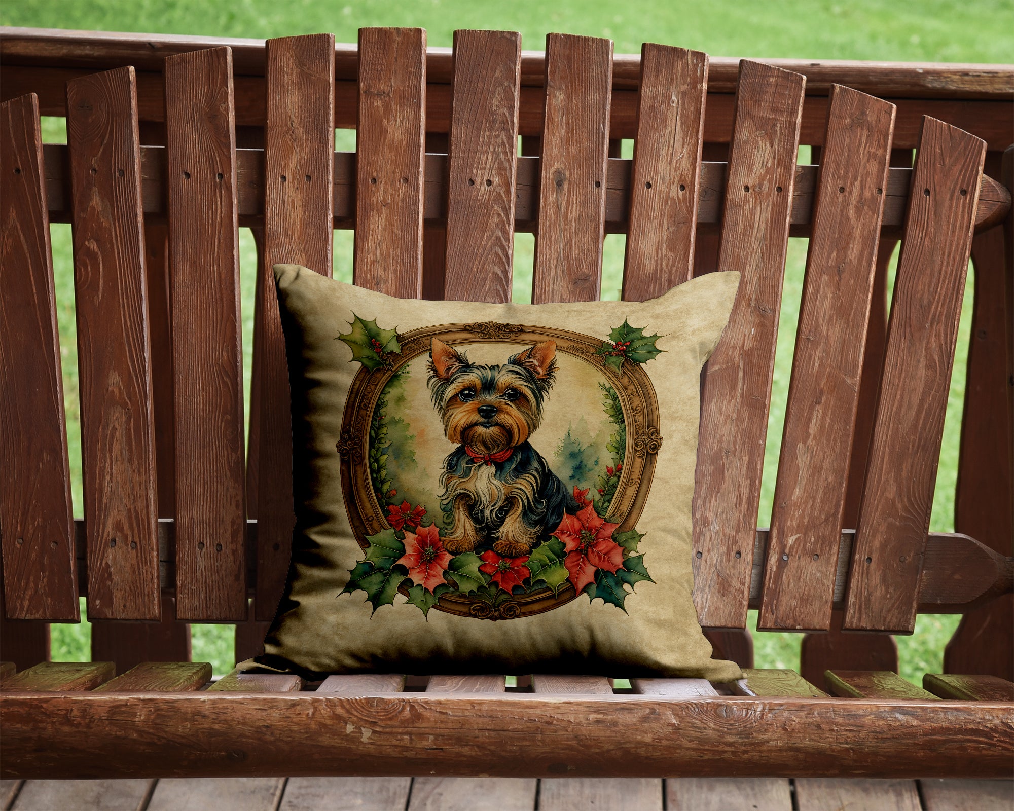 Buy this Yorkie Christmas Flowers Throw Pillow