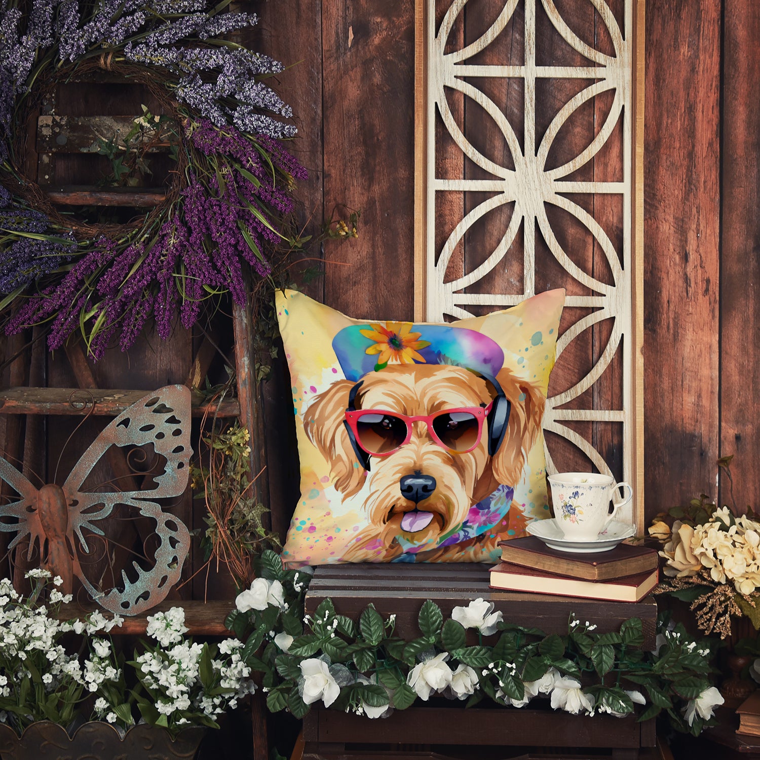 Airedale Terrier Hippie Dawg Fabric Decorative Pillow