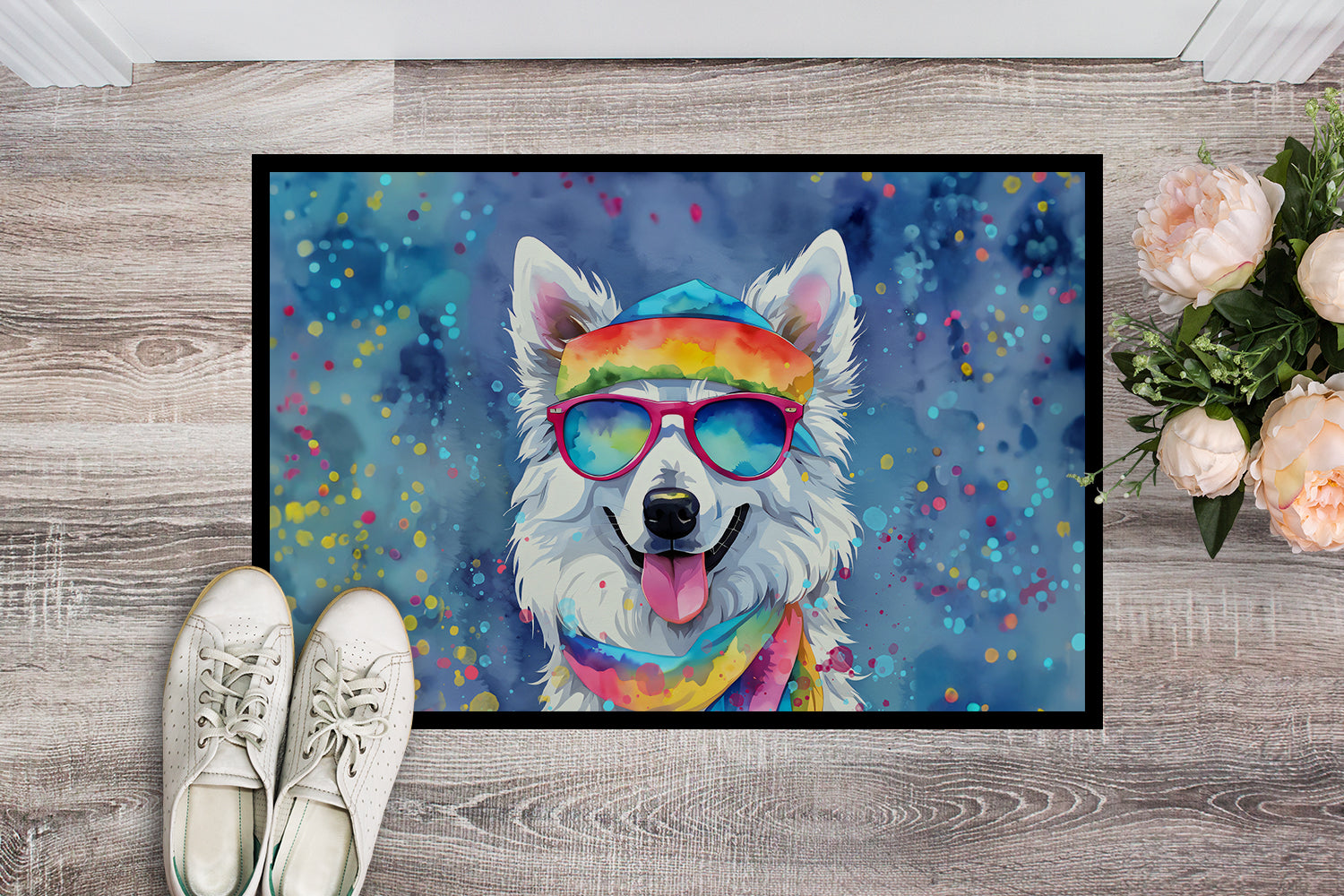 American Eskimo Hippie Dawg Indoor or Outdoor Mat 24x36