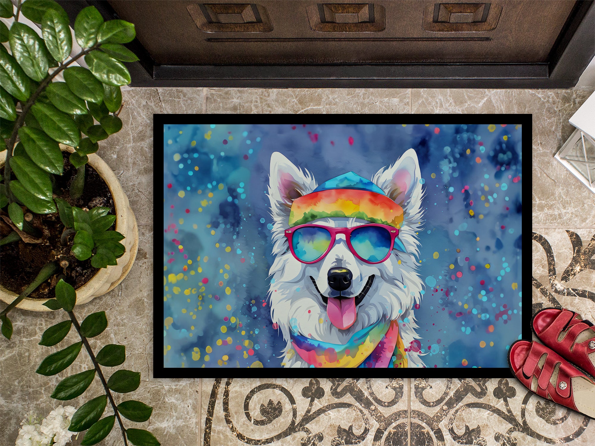 American Eskimo Hippie Dawg Indoor or Outdoor Mat 24x36