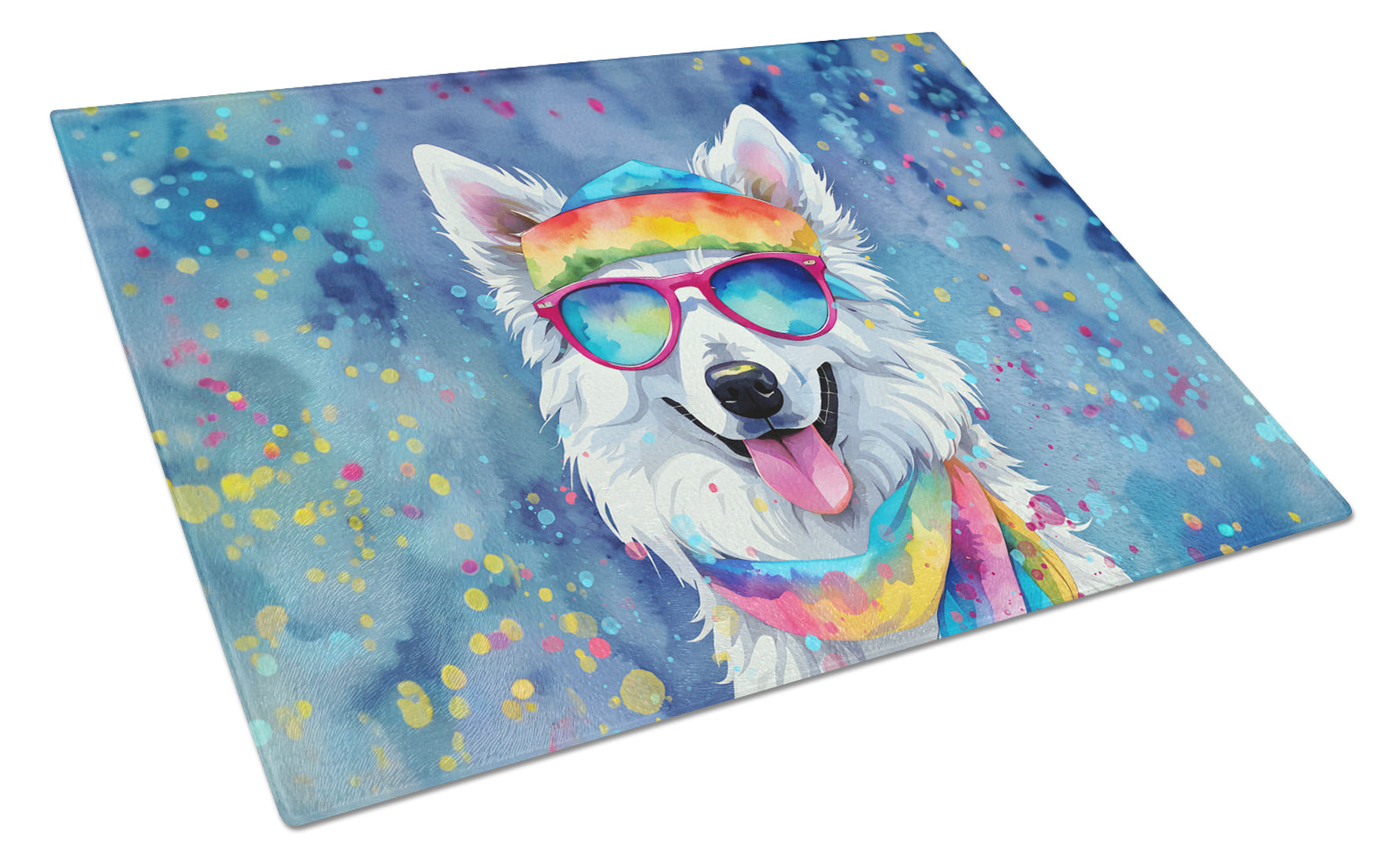 Buy this American Eskimo Hippie Dawg Glass Cutting Board Large